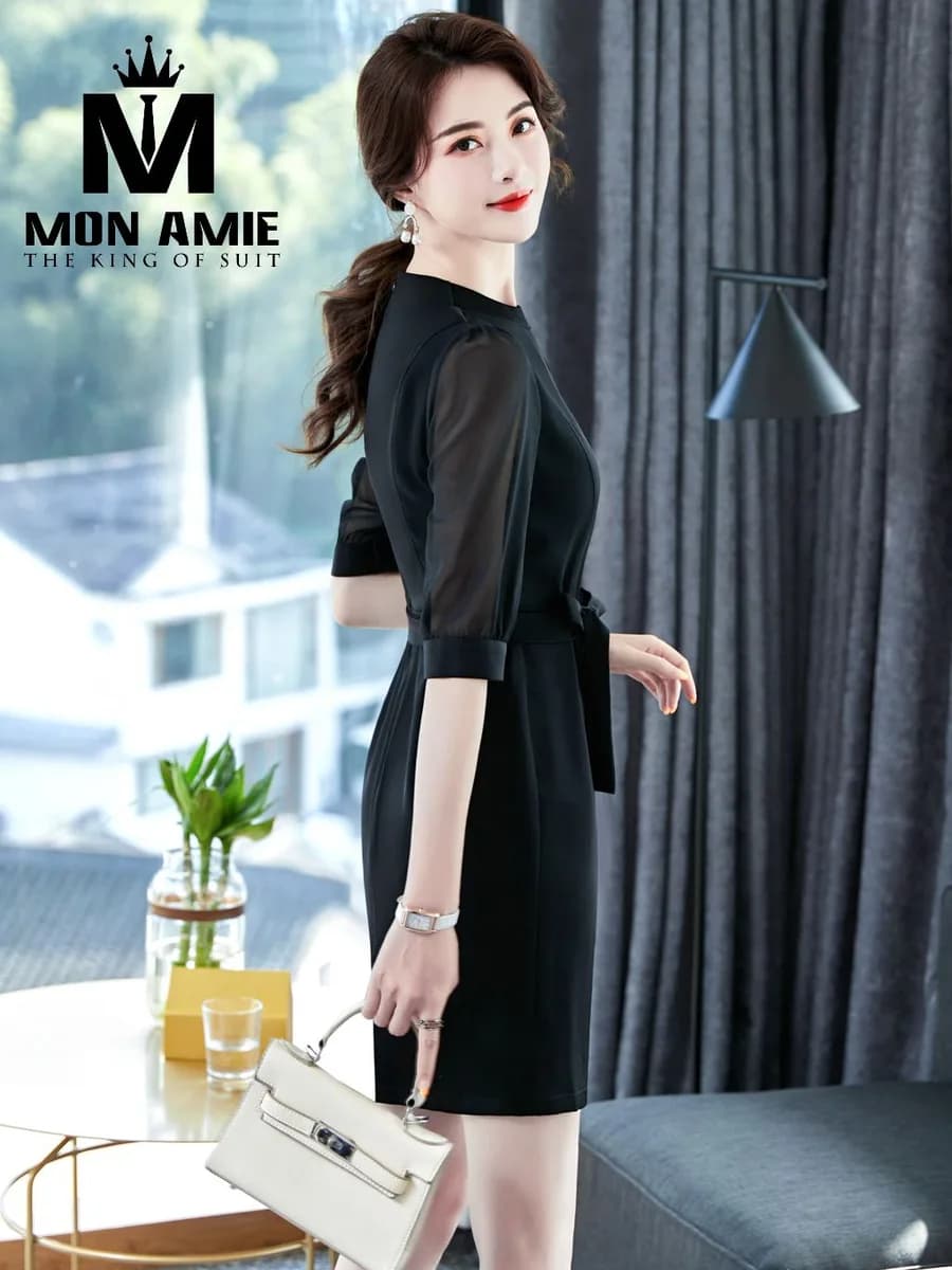 Đầm Đen Cổ Trụ Tay Voan Lỡ Thắt Nơ Eo (DN-036)