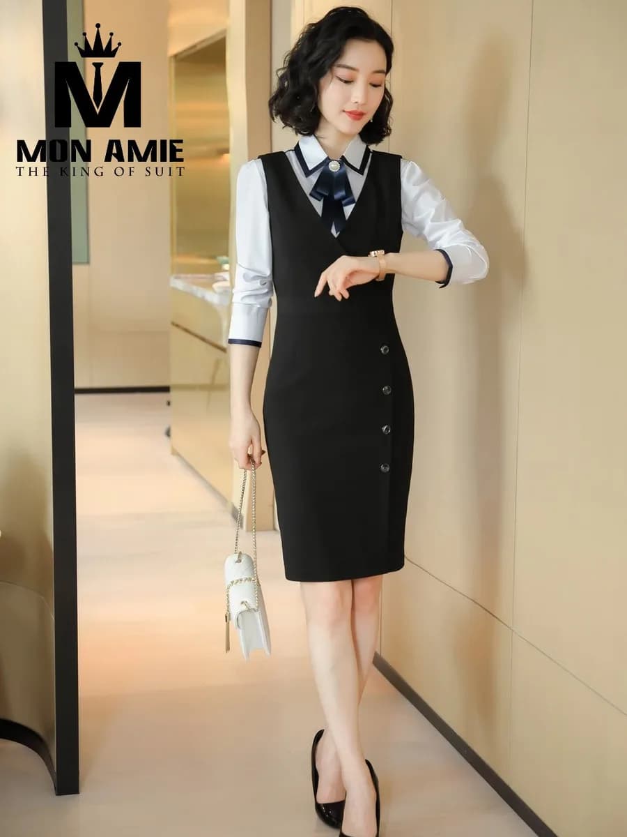 Đầm Yếm Đen Cổ V Cài Nút Lệch Phối Sơ Mi Tay Lỡ