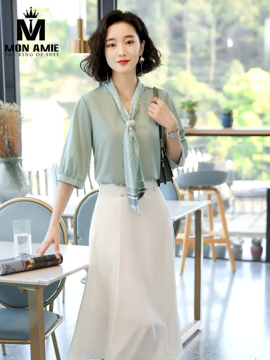 Set Áo Xanh Bạc Hà Thắt Khăn Chân Váy Xòe Kem