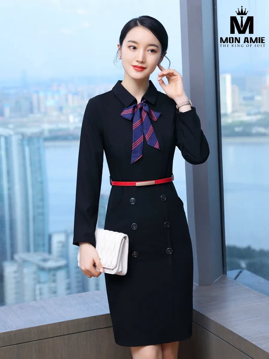 Đầm Đen Cổ Sơ Mi Hai Hàng Cúc Nơ Sọc Đai Đỏ (DN-079)
