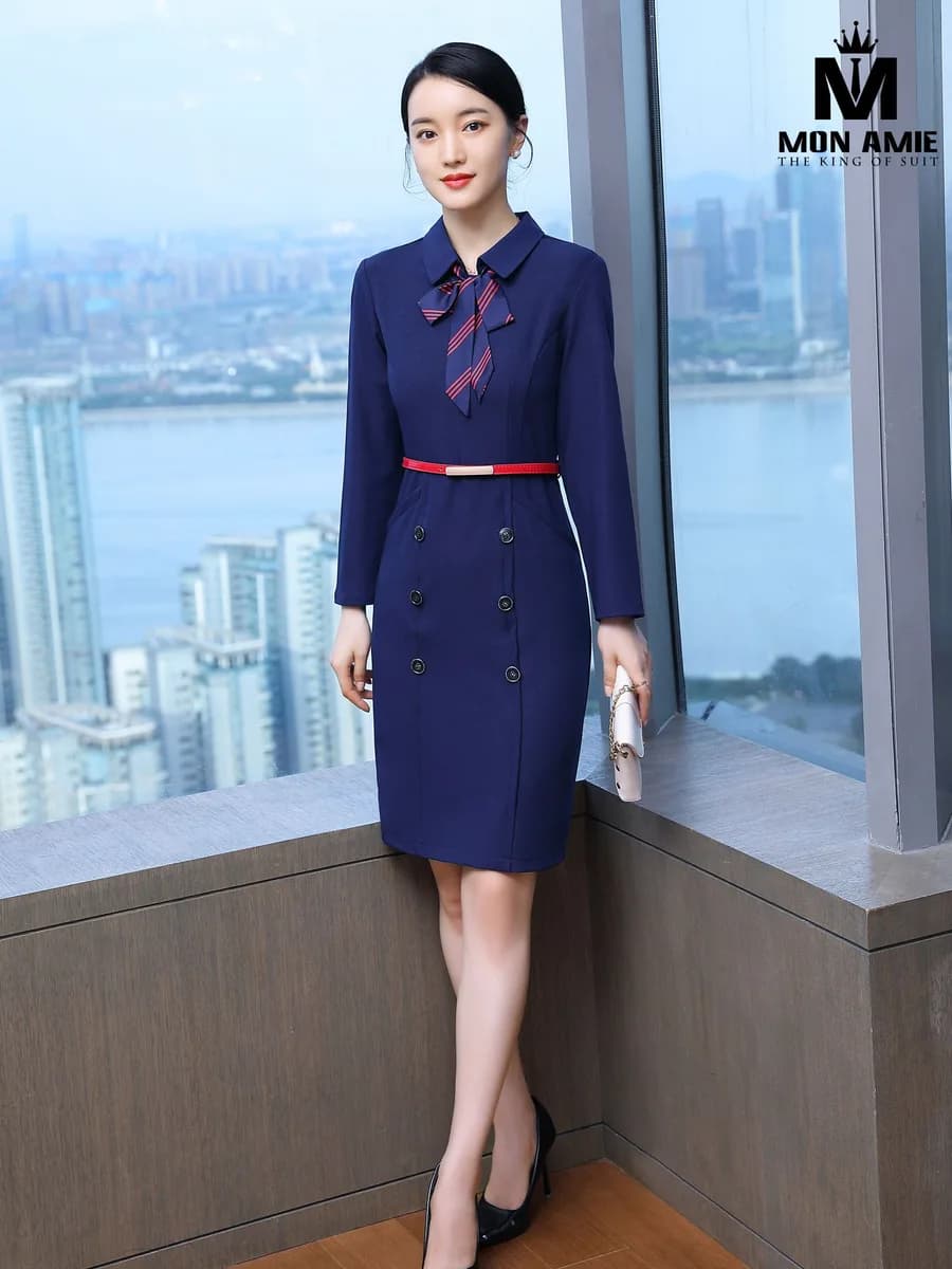 Đầm Xanh Navy Cổ Sơ Mi Hai Hàng Cúc Nơ Sọc Đai Đỏ