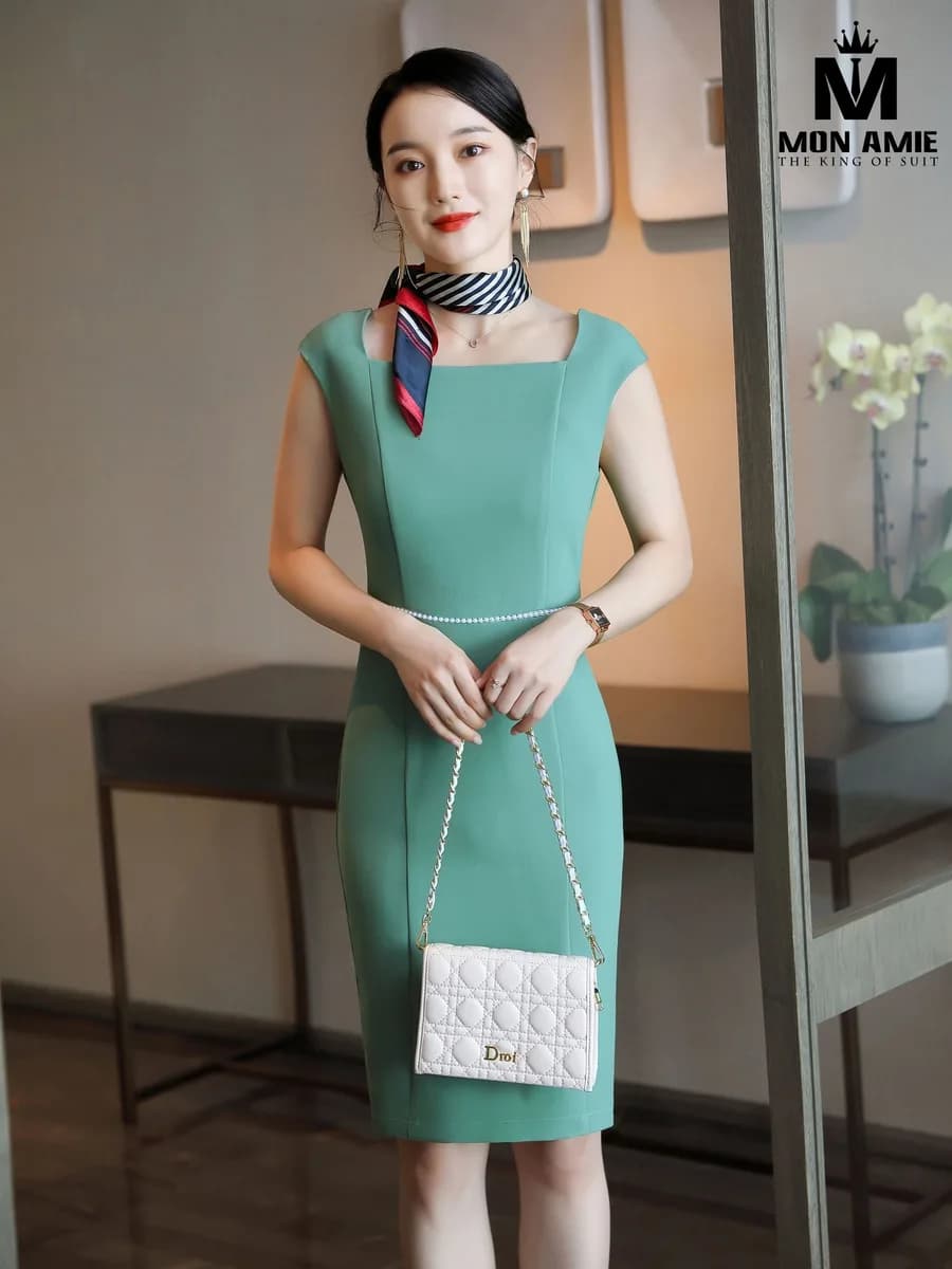 Đầm Xanh Bạc Hà Cổ Vuông Tay Cánh Tiên Viền Ngọc Trai