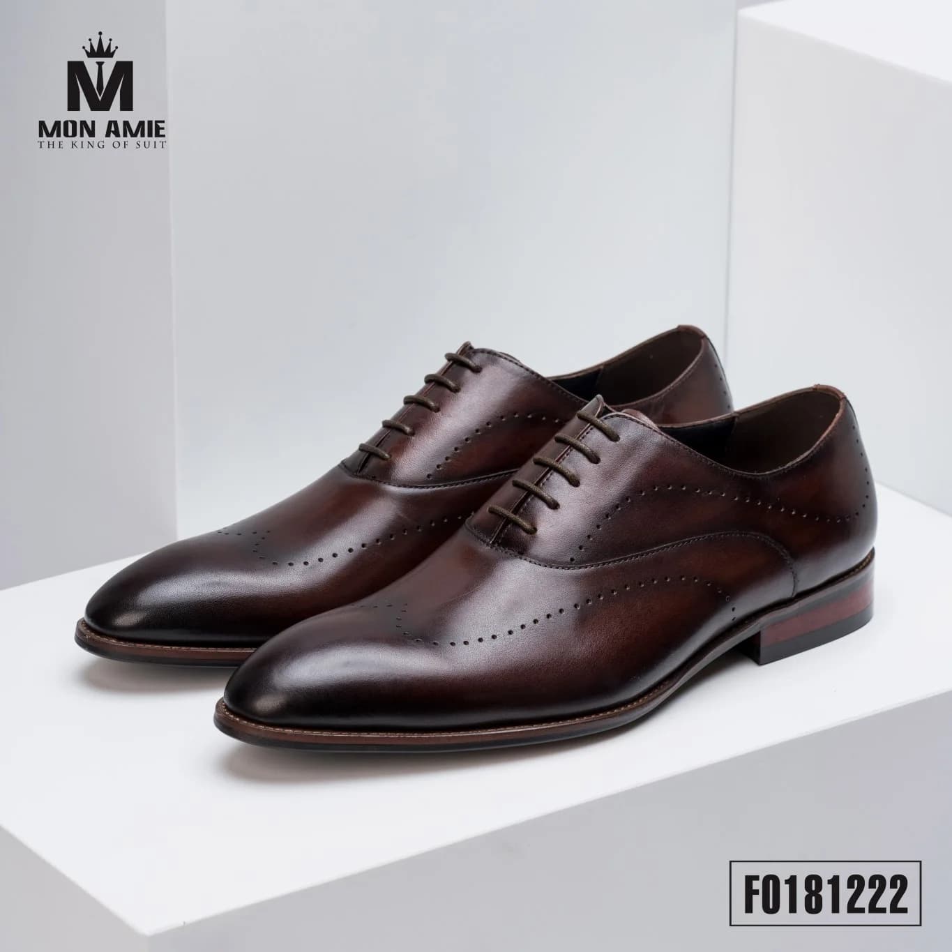Giày Oxford Whole-cut Brogue Nâu Đỏ Đậm