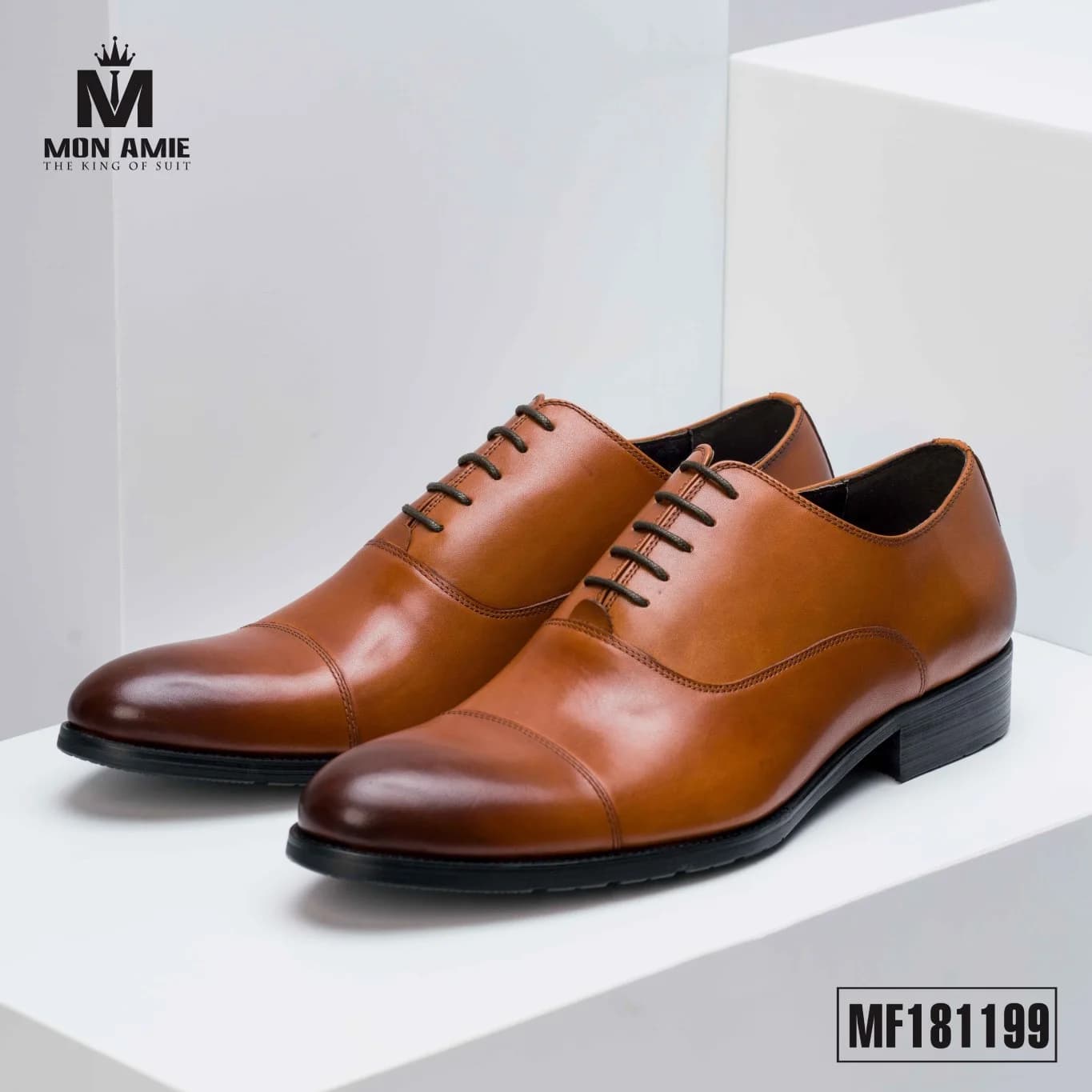 Giày Tây Oxford Cap-Toe Nâu Bò Bóng Đế Đen