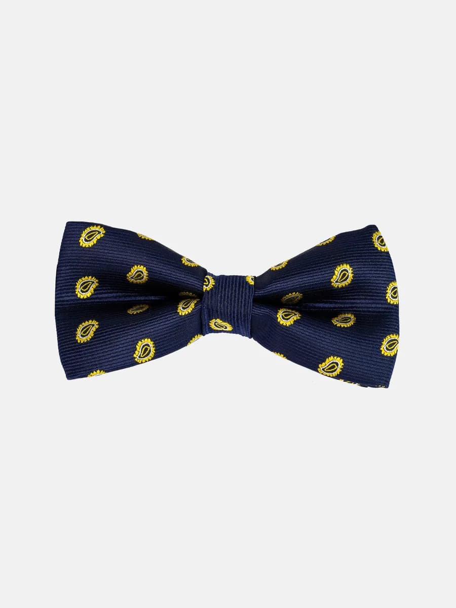 Nơ Bướm Xanh Navy Paisley Vàng Viền Trắng