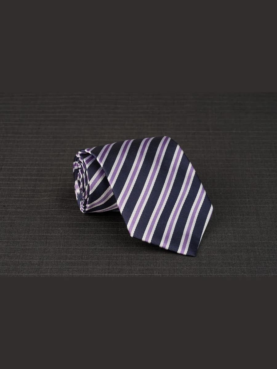 Caravat Navy Sọc Chéo Bản To Tím Lilac Trắng