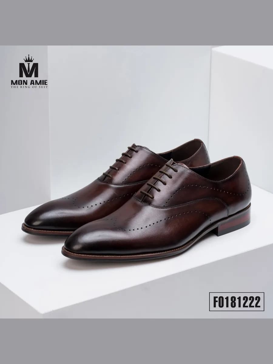 Giày Oxford Whole-cut Brogue Nâu Đỏ Đậm