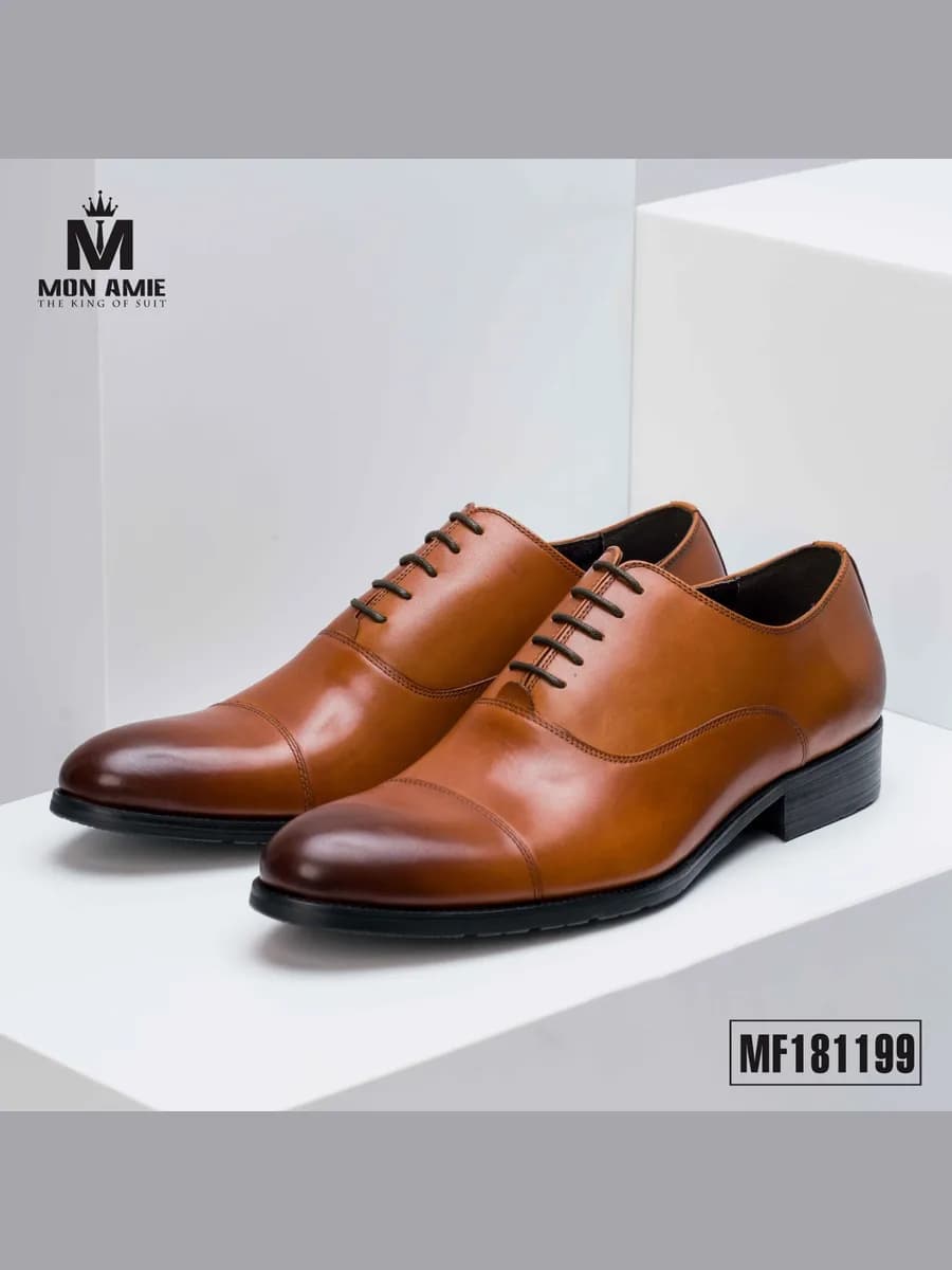 Giày Tây Oxford Cap-Toe Nâu Bò Bóng Đế Đen