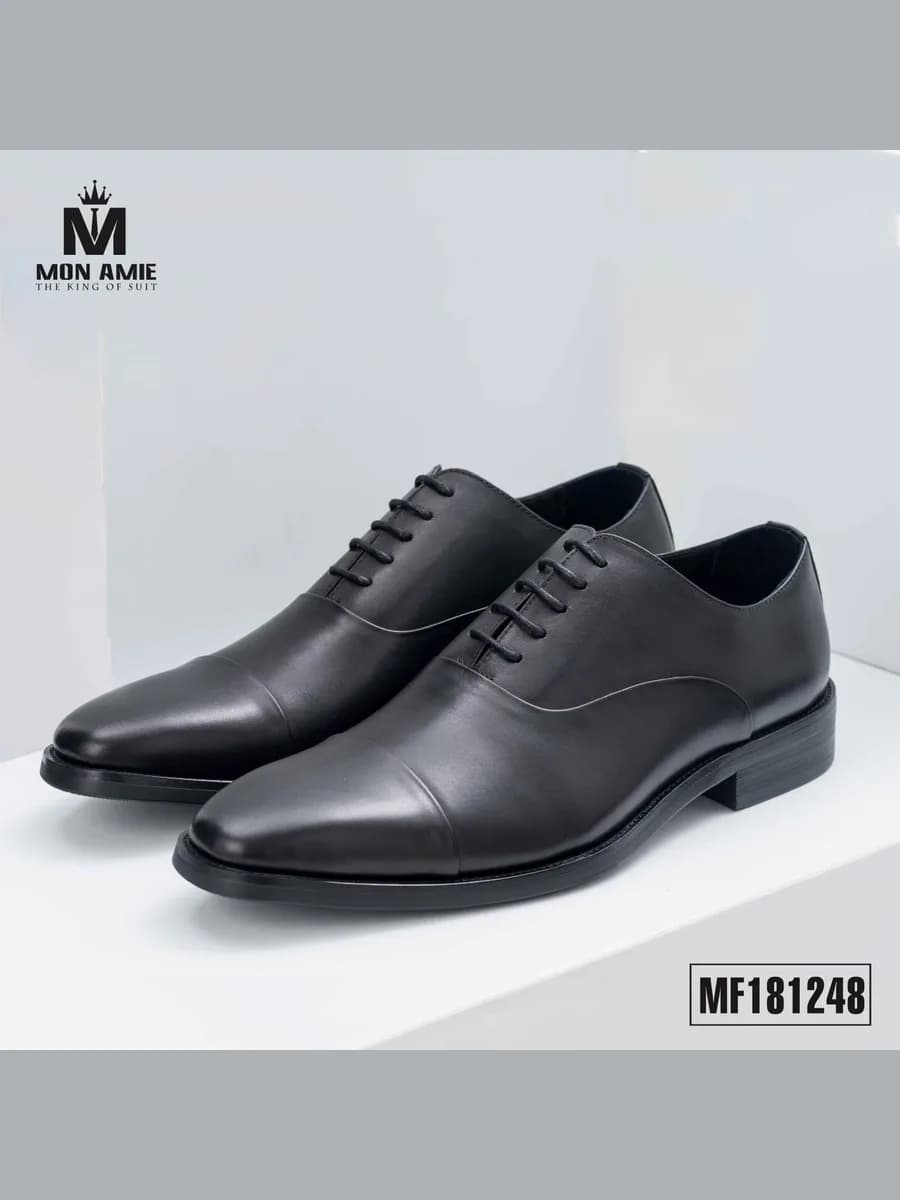 Giày Tây Oxford Cap-Toe Đen Bóng Đế Đen