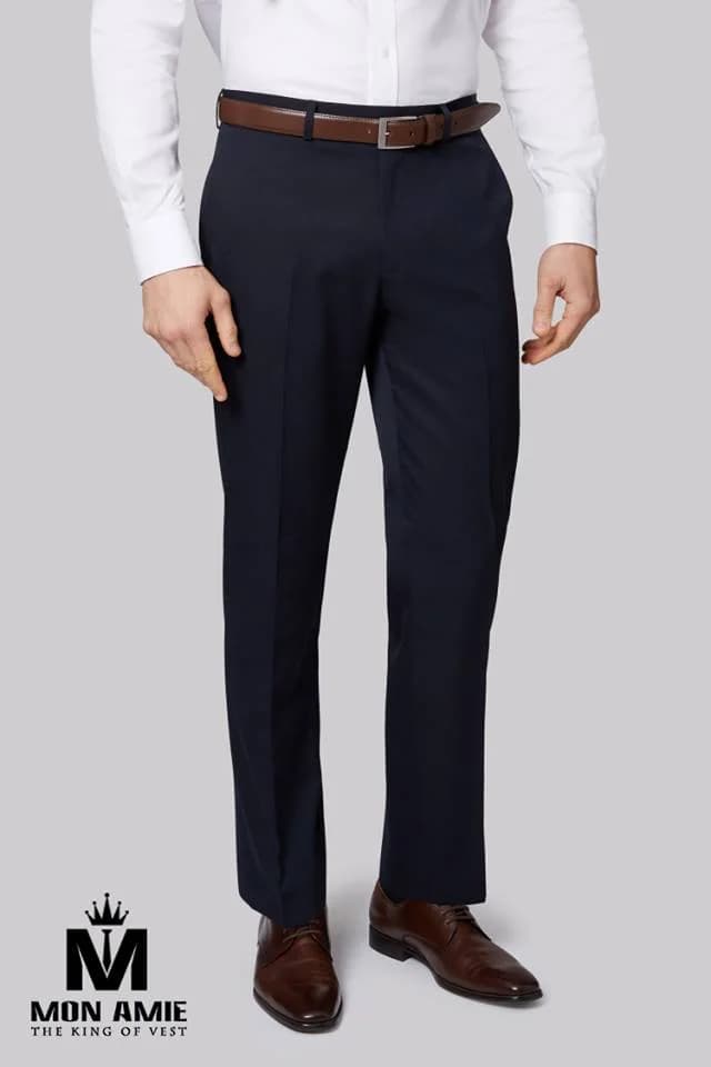 Quần Tây Xanh Navy Trơn Ống Suông Phối Nâu