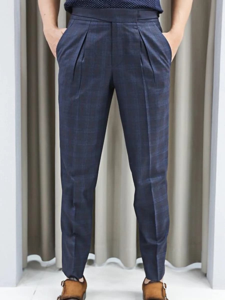 Quần Tây Caro Navy Xếp Ly