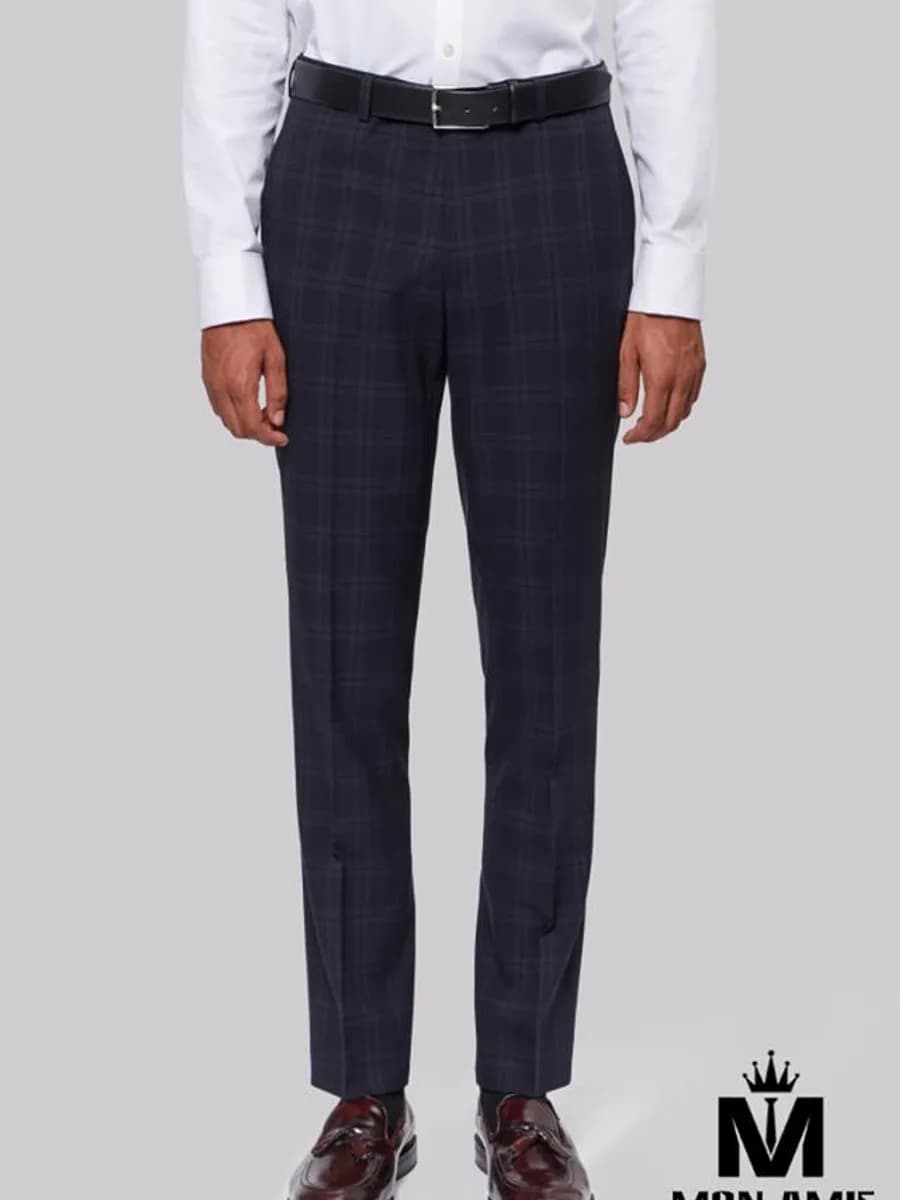 Quần Tây Navy Đậm Kẻ Tartan Mờ Thắt Lưng Đen