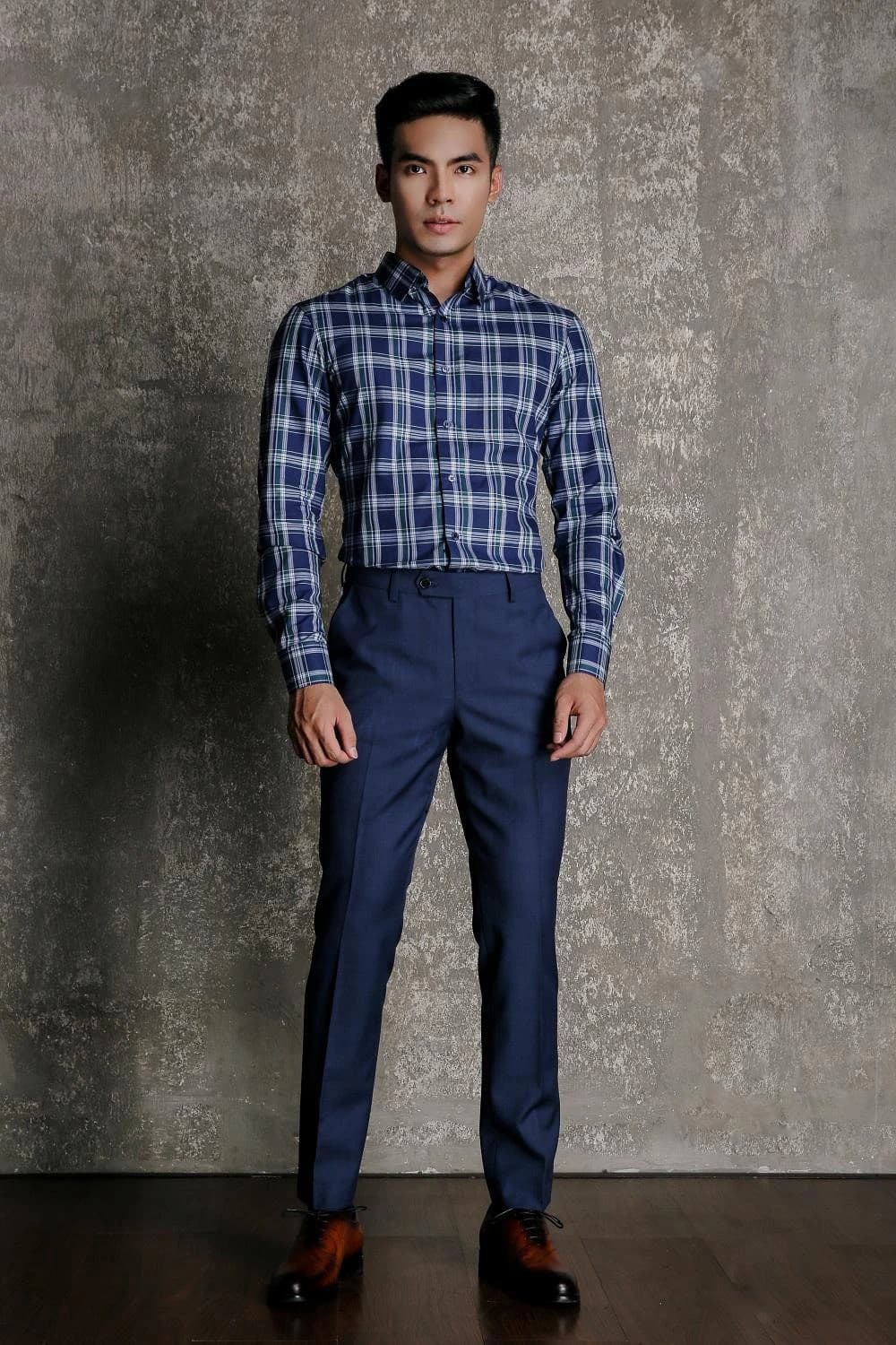 Sơ Mi Caro Navy Cổ Cài