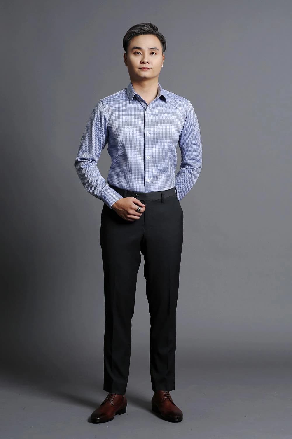 Sơ Mi Xanh Dệt Hoa Văn