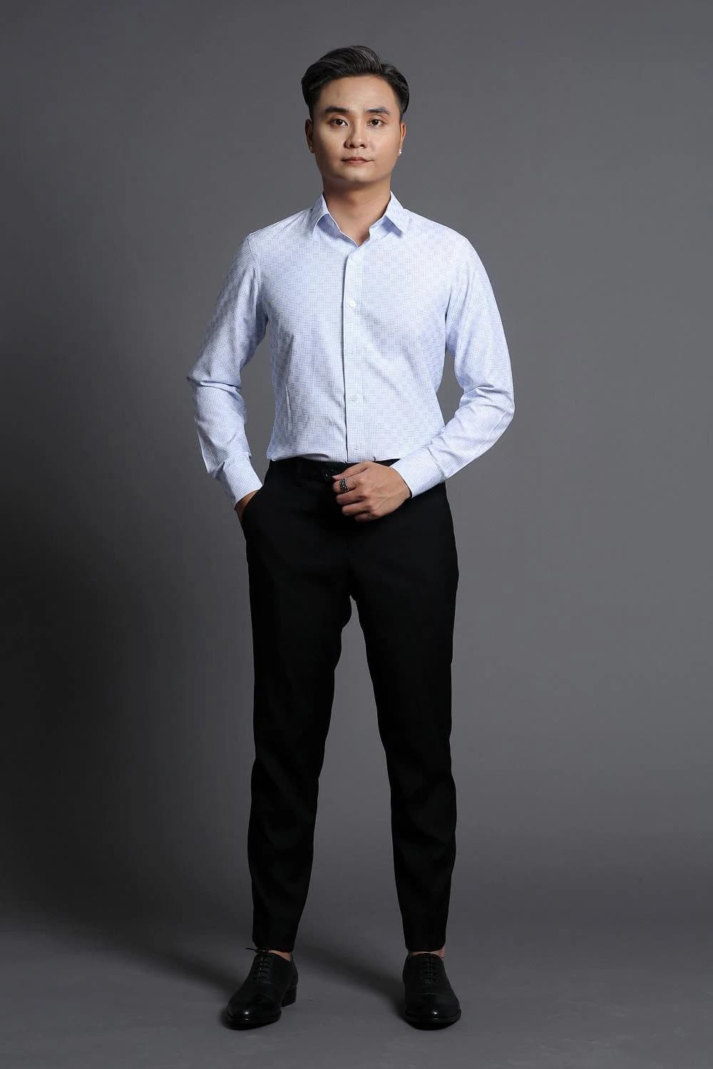 Sơ Mi Xanh Sương Dệt Ô Vuông