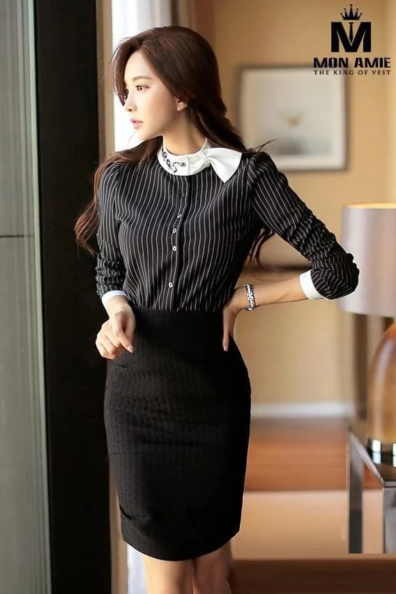 Sơ Mi Sọc Cổ Trắng Élégance