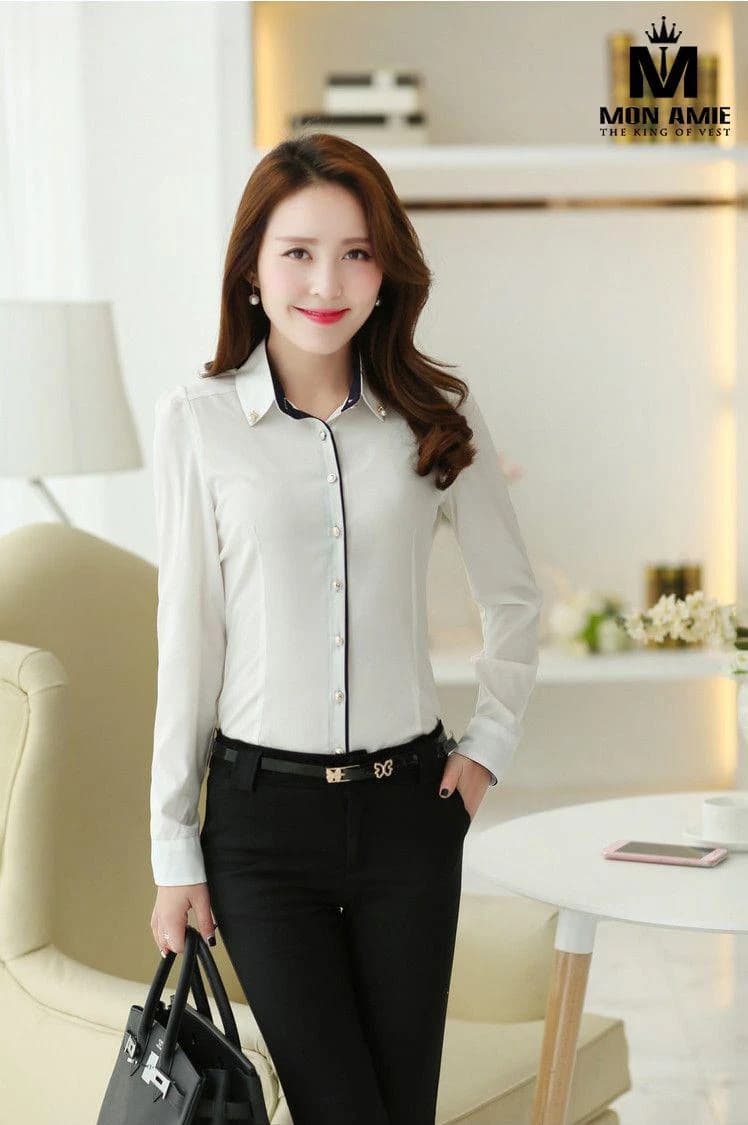 Sơ Mi Nữ Trắng Viền Navy