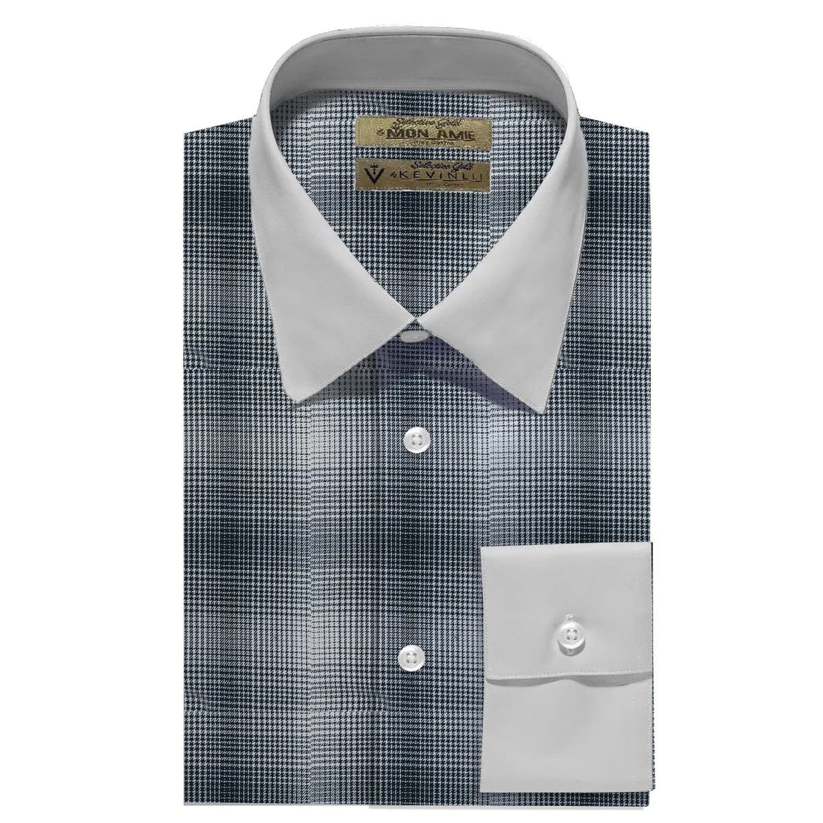 Sơ Mi Pied-de-poule Navy Xám Ombre Cổ Ý Phối Trắng