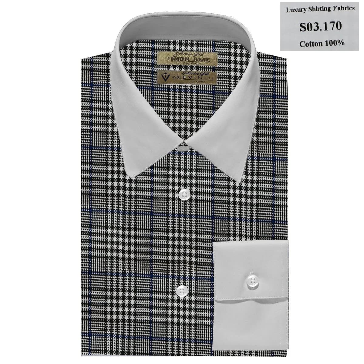 Sơ Mi Glen Check Đen Trắng Kẻ Navy Cổ Măng Sét Trắng