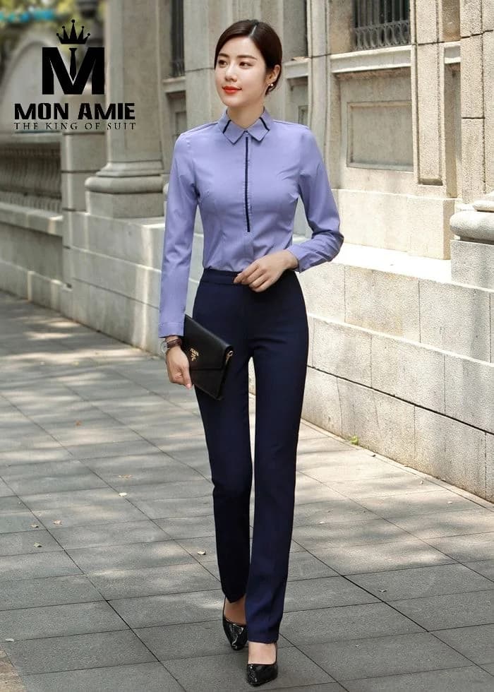 Sơ Mi Nữ Tím Lavender Viền Đen Nẹp Giữa