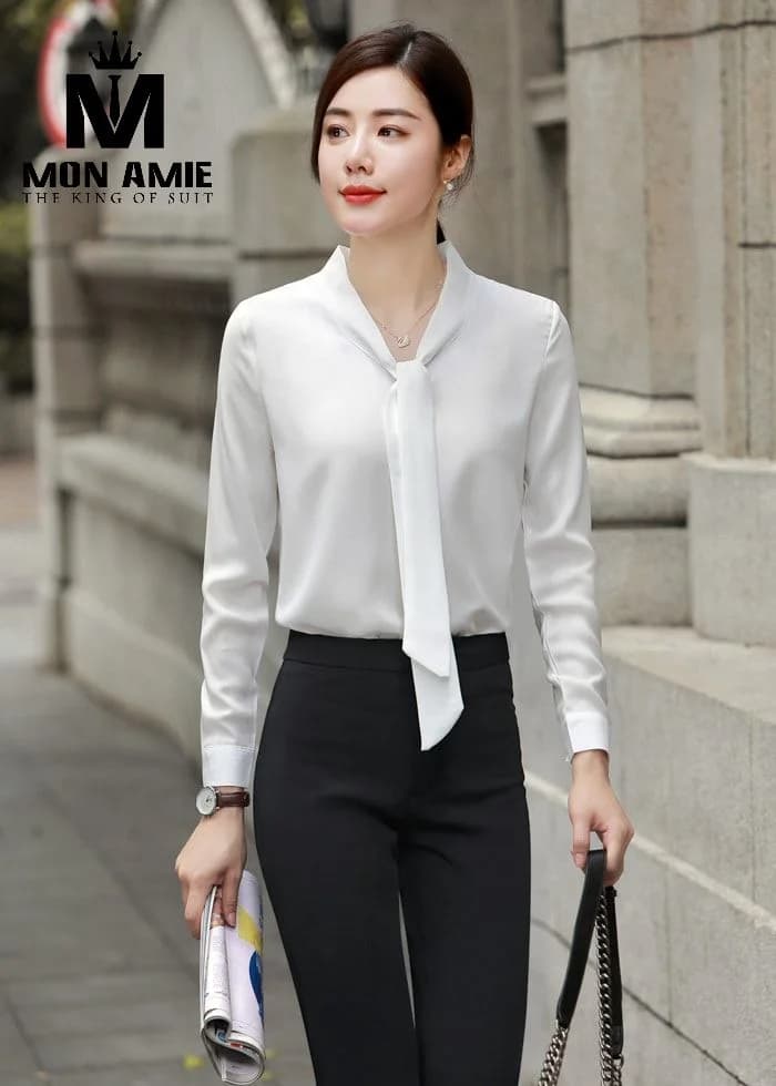 Sơ Mi Nữ Trắng Cổ V Dải Nơ Dài Buông