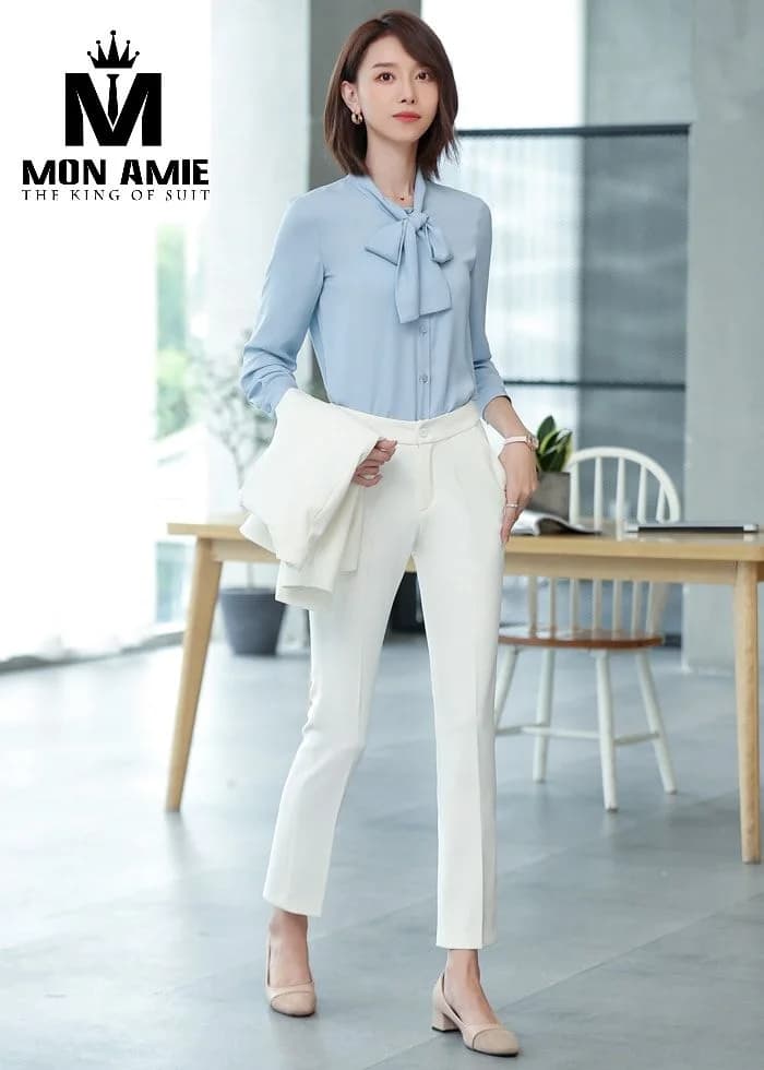 Sơ Mi Nữ Xanh Khói Cổ Nơ Cài Khuy Bọc