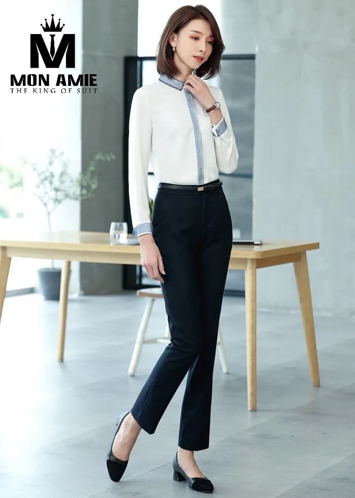 Sơ Mi Nữ Trắng Phối Xám Xanh Nẹp Cổ Măng Sét