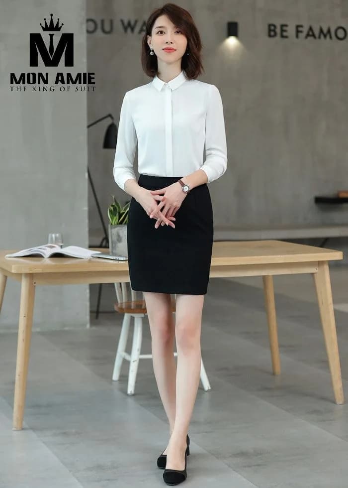Sơ Mi Nữ Trắng Cổ Bẻ Nhỏ Tay Lửng Phối Váy Đen