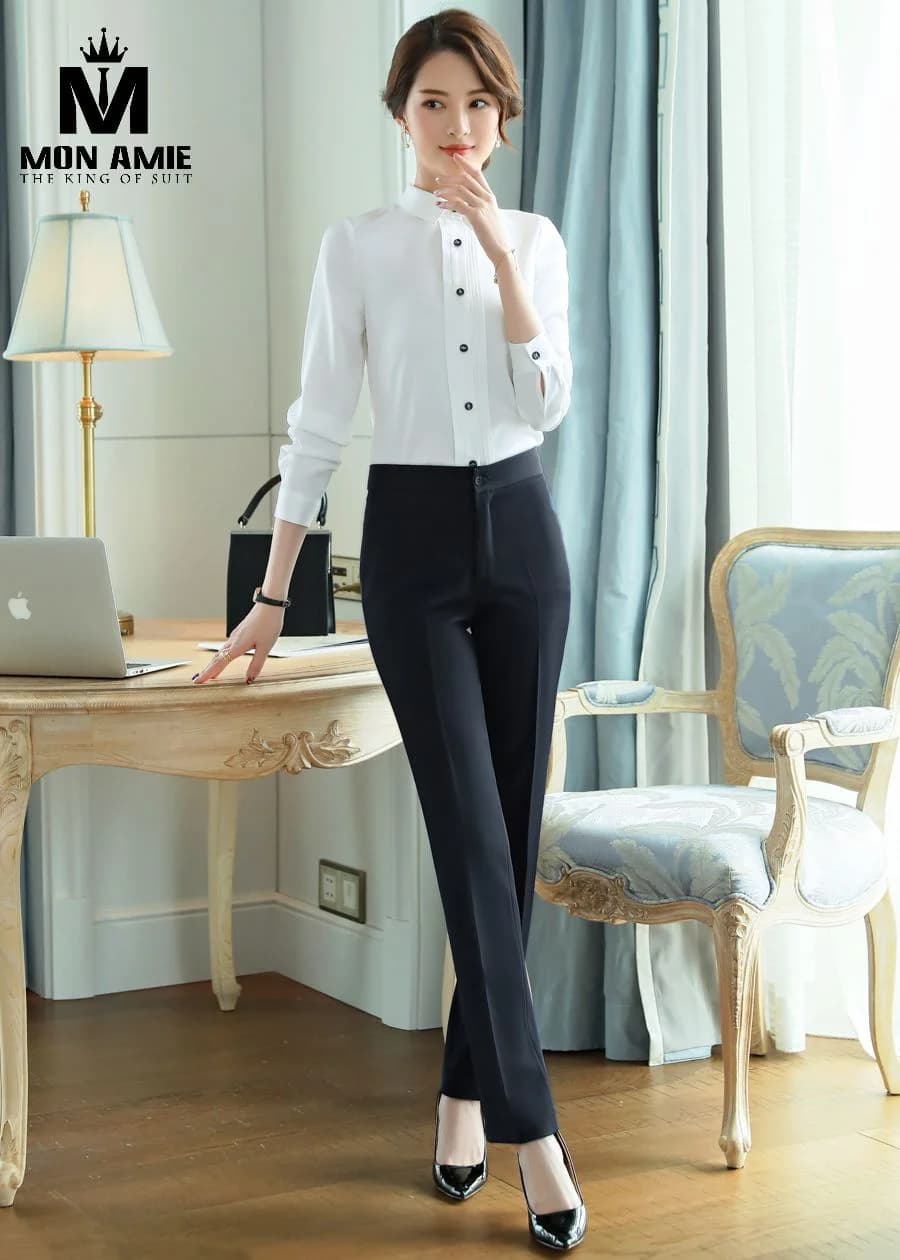 Sơ Mi Nữ Trắng Ngực Xếp Ly Cúc Đen