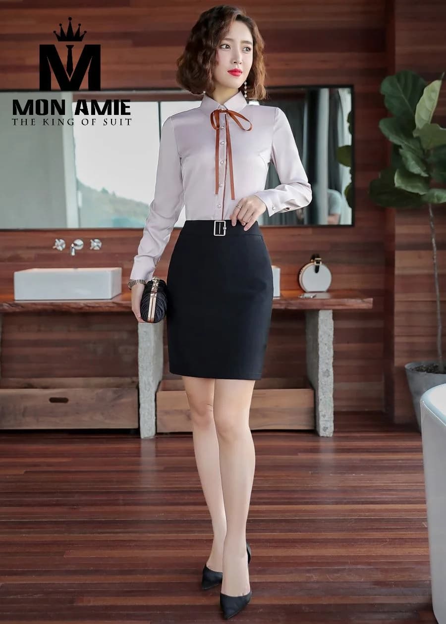 Sơ Mi Nữ Xám Hồng Nhạt Cổ Bẻ Thắt Nơ Nâu