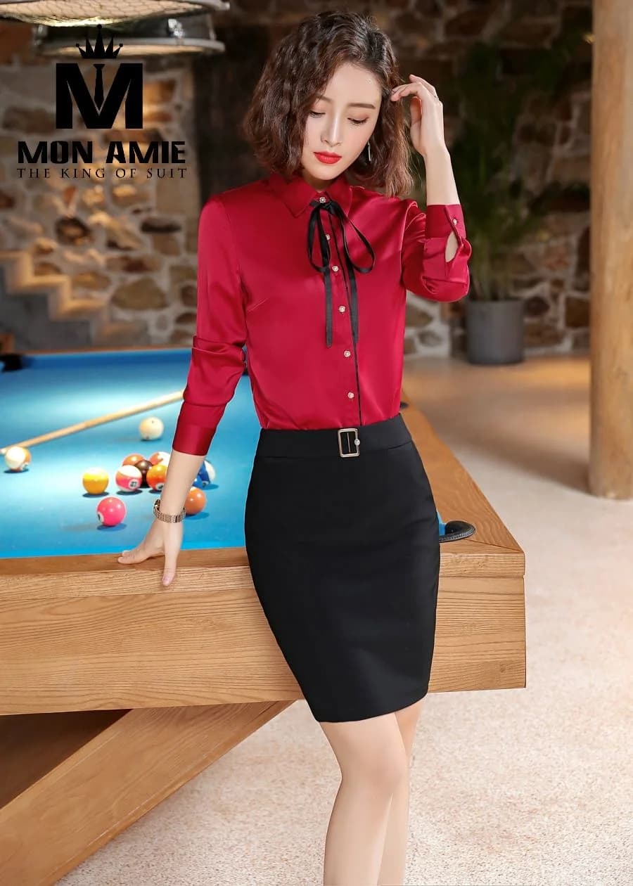 Sơ Mi Nữ Đỏ Đô Cổ Bẻ Thắt Nơ Đen