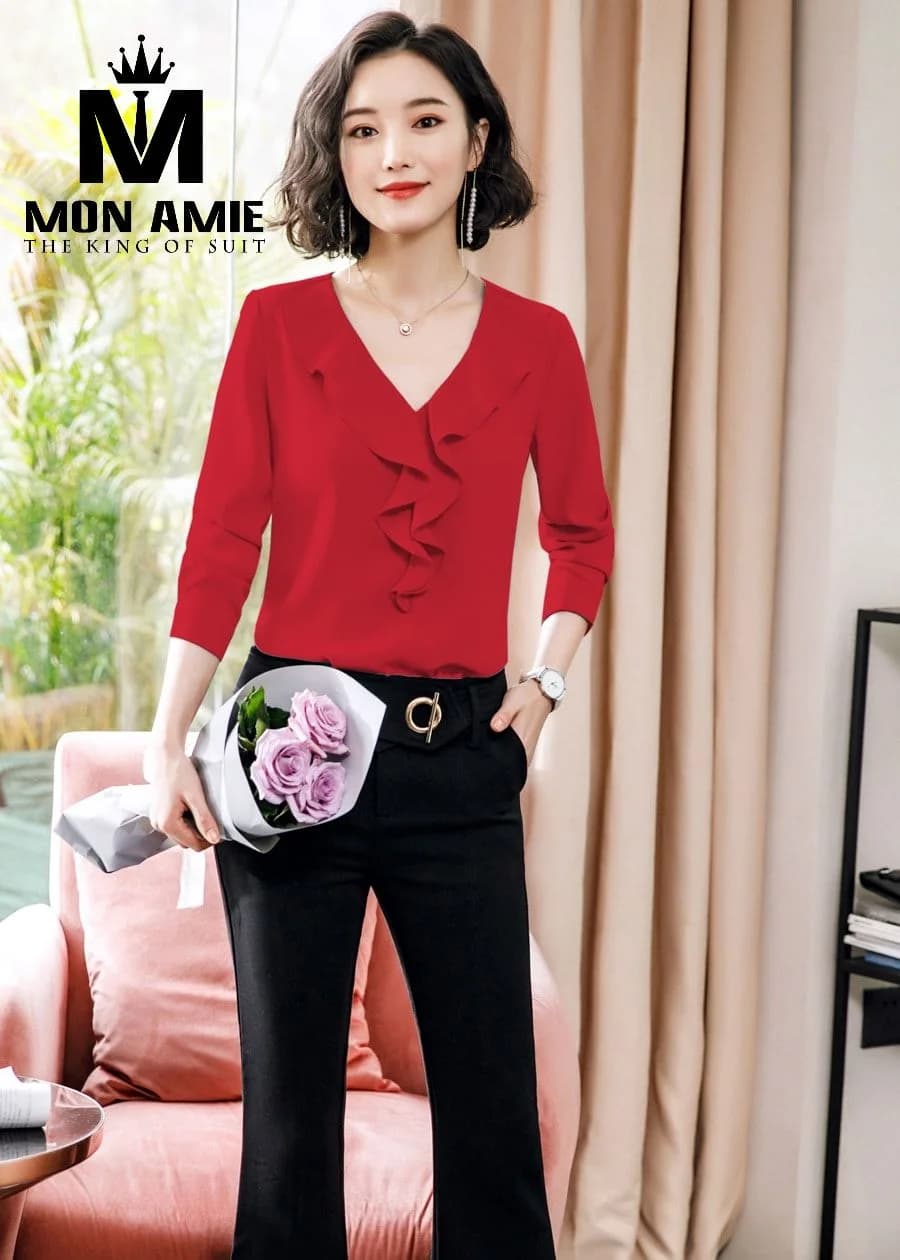 Sơ Mi Nữ Đỏ Cổ V Bèo Nhún Ngực