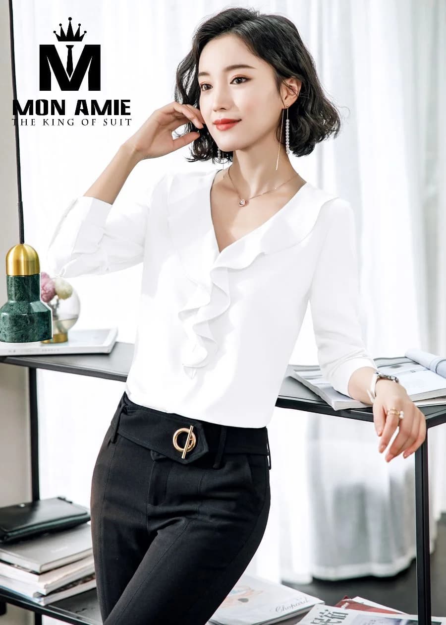 Sơ Mi Nữ Trắng Cổ V Bèo Nhún Bản Lớn