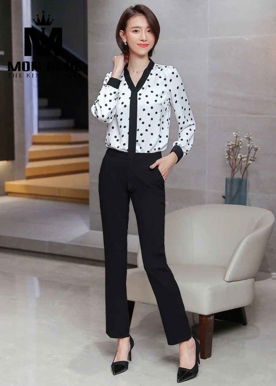Sơ Mi Nữ Chấm Bi Trắng Đen Viền Cổ V Đen