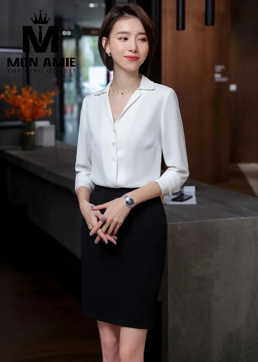 Sơ Mi Nữ Trắng Cổ Bẻ Chữ V Túi Ngực Chìm