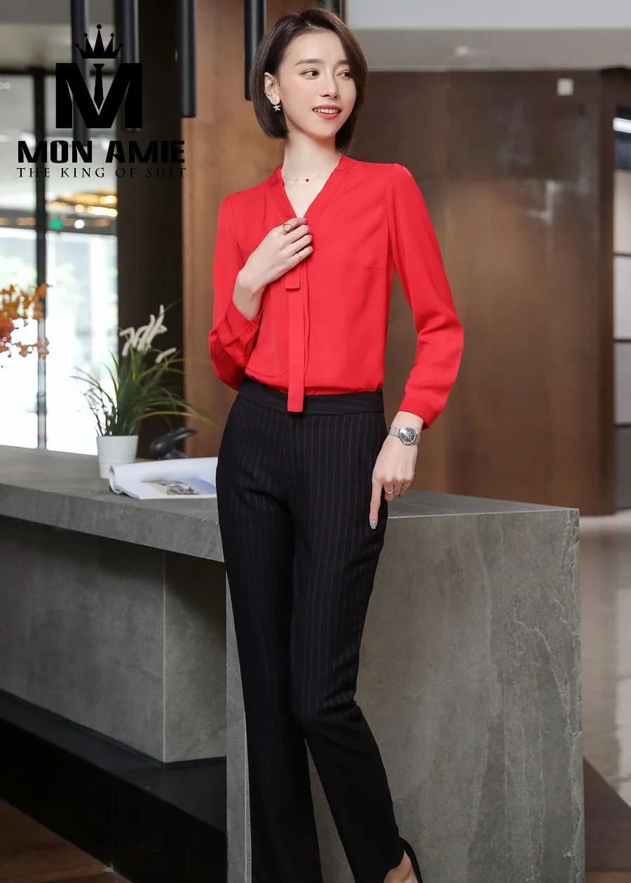 Sơ Mi Nữ Đỏ Cổ V Dây Nơ Buông
