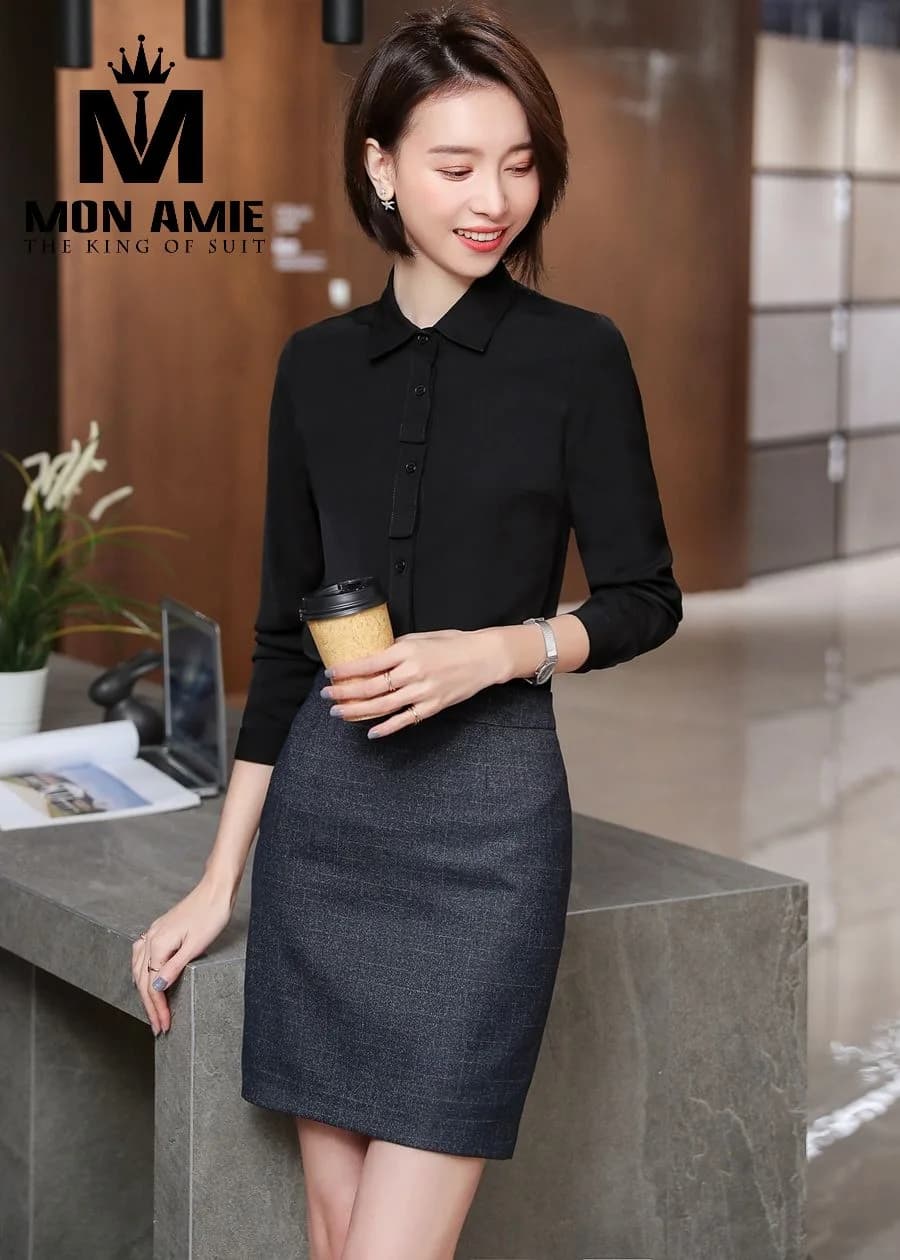 Sơ Mi Nữ Đen Cổ Bẻ Nẹp Ngực Viền Nổi