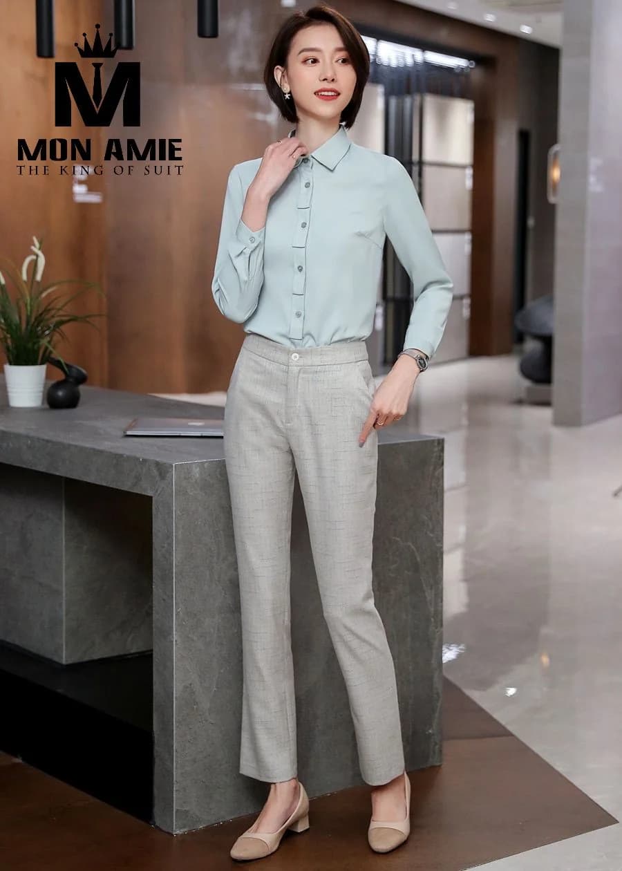 Sơ Mi Nữ Xanh Mint Nhạt Nẹp Bèo Xếp