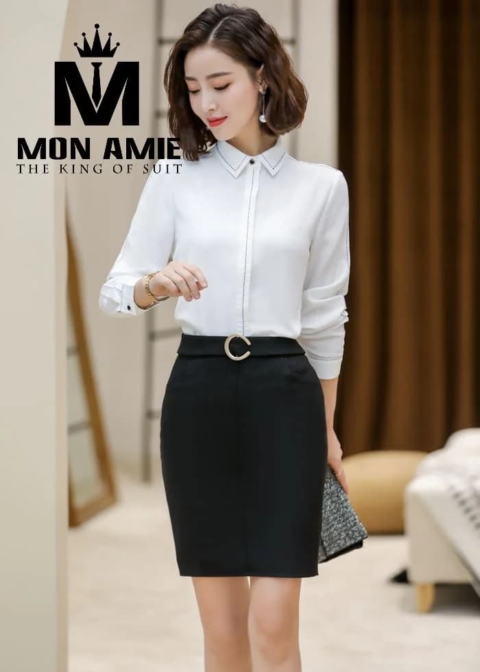 Sơ Mi Nữ Trắng Đường Chỉ Nổi Đen Cổ Đức