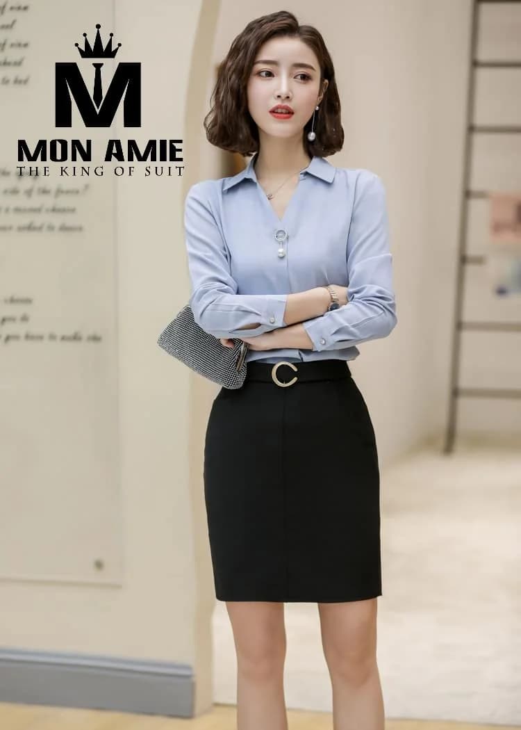 Sơ Mi Nữ Xanh Xám Nhạt Cổ V Đính Ngọc Trai