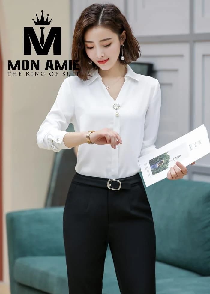 Sơ Mi Nữ Trắng Satin Cổ V Đính Ngọc Trai
