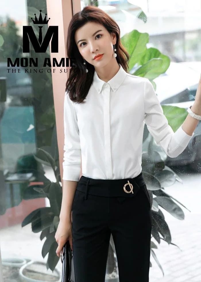 Sơ Mi Nữ Trắng Giấu Nút Cổ Đính Đá