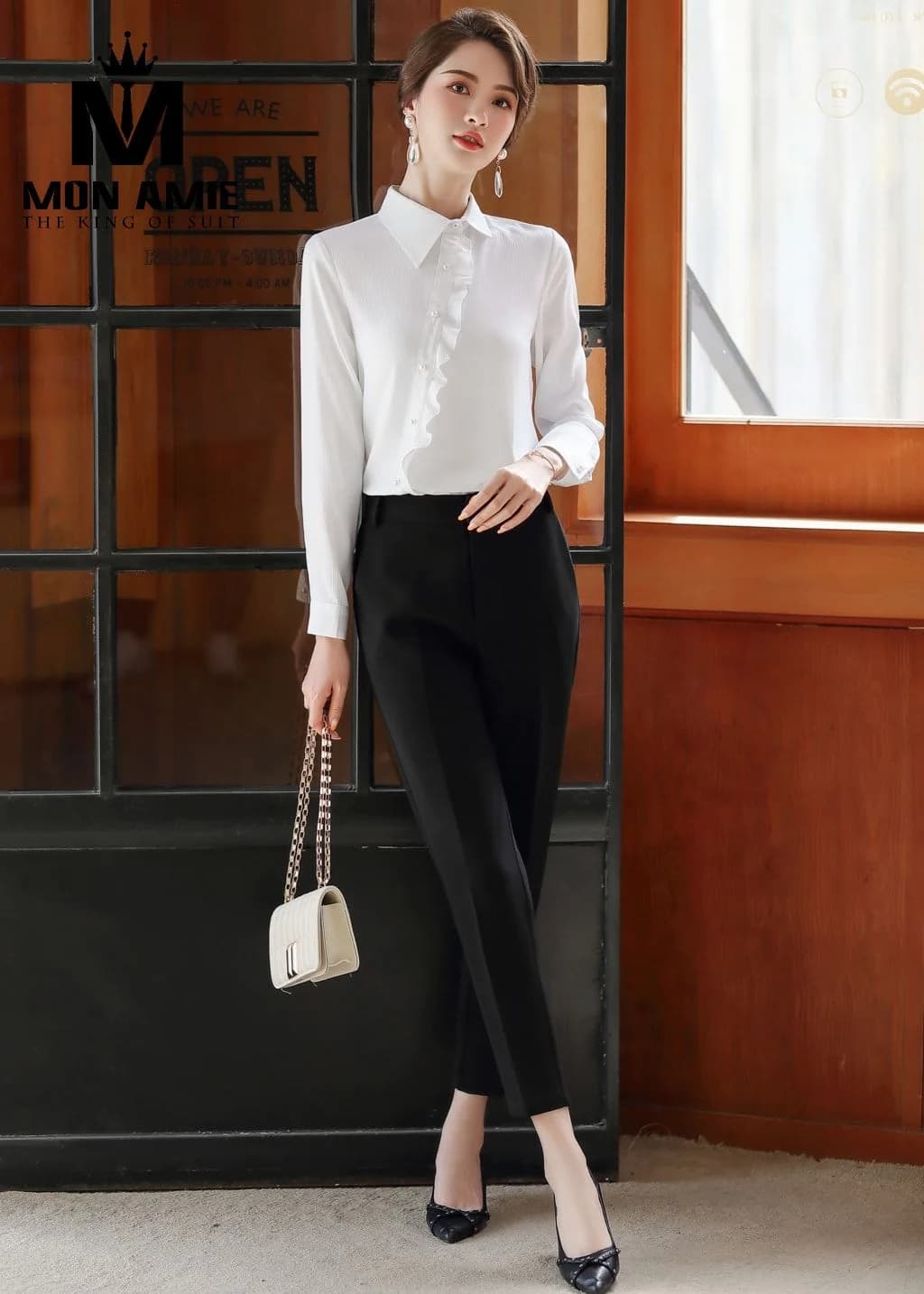 Sơ Mi Nữ Trắng Bèo Xếp Nẹp Lệch