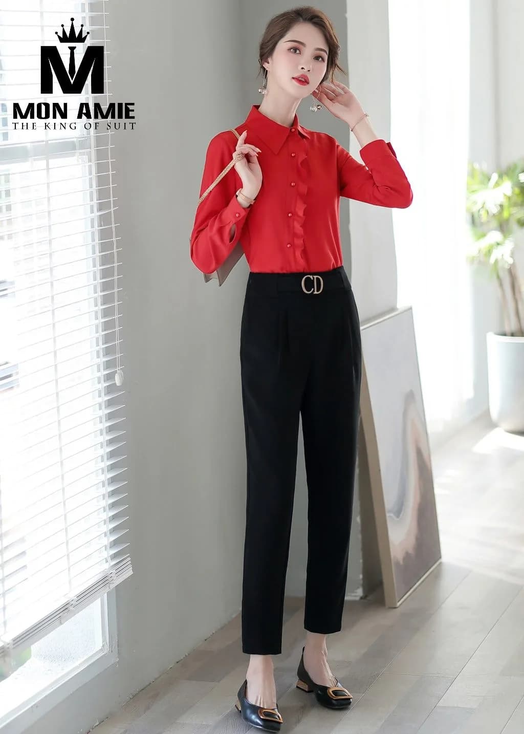 Sơ Mi Nữ Đỏ Tươi Nẹp Bèo Nút Ngọc