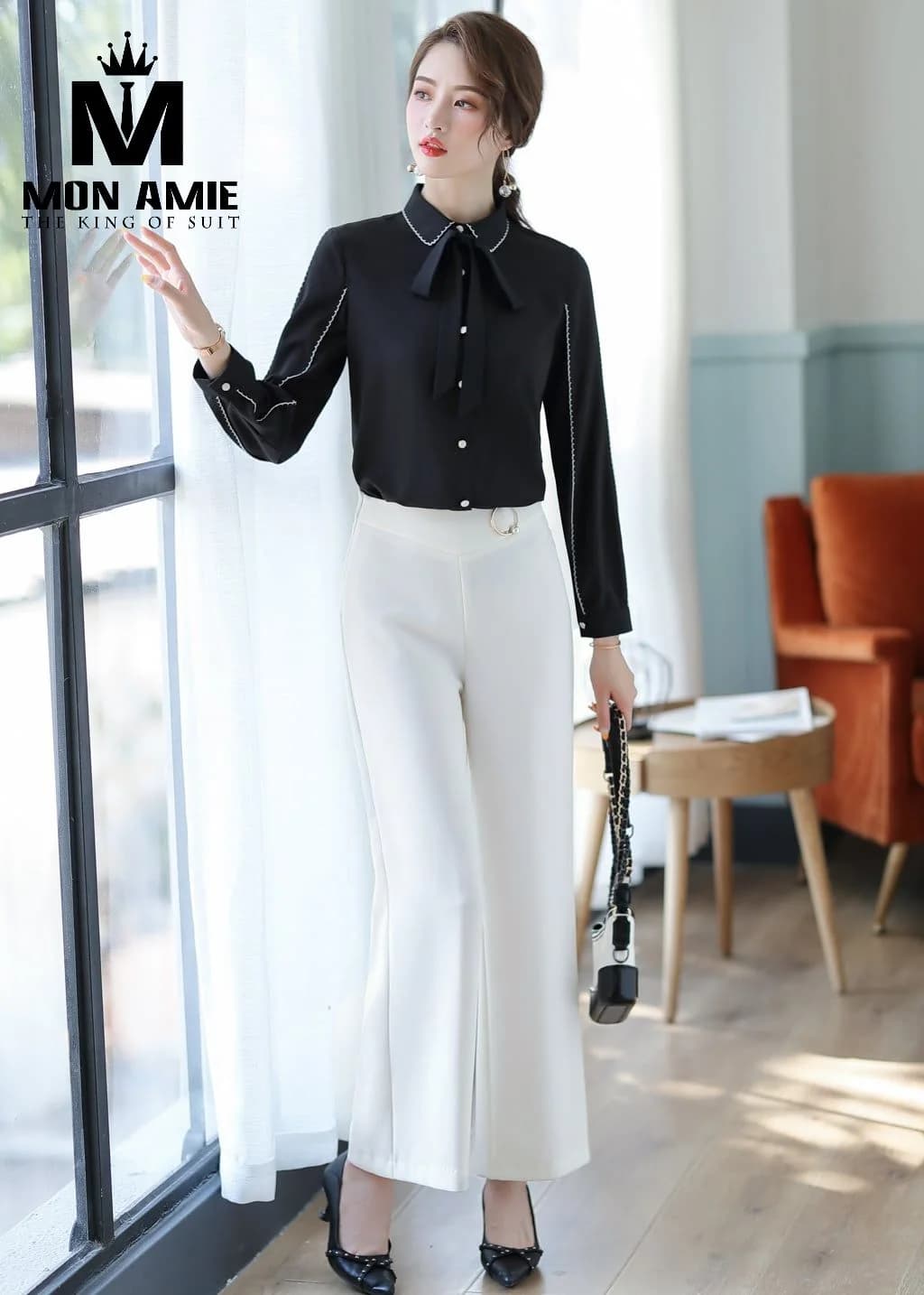 Sơ Mi Nữ Đen Viền Trắng Cổ Nơ Buộc Dây
