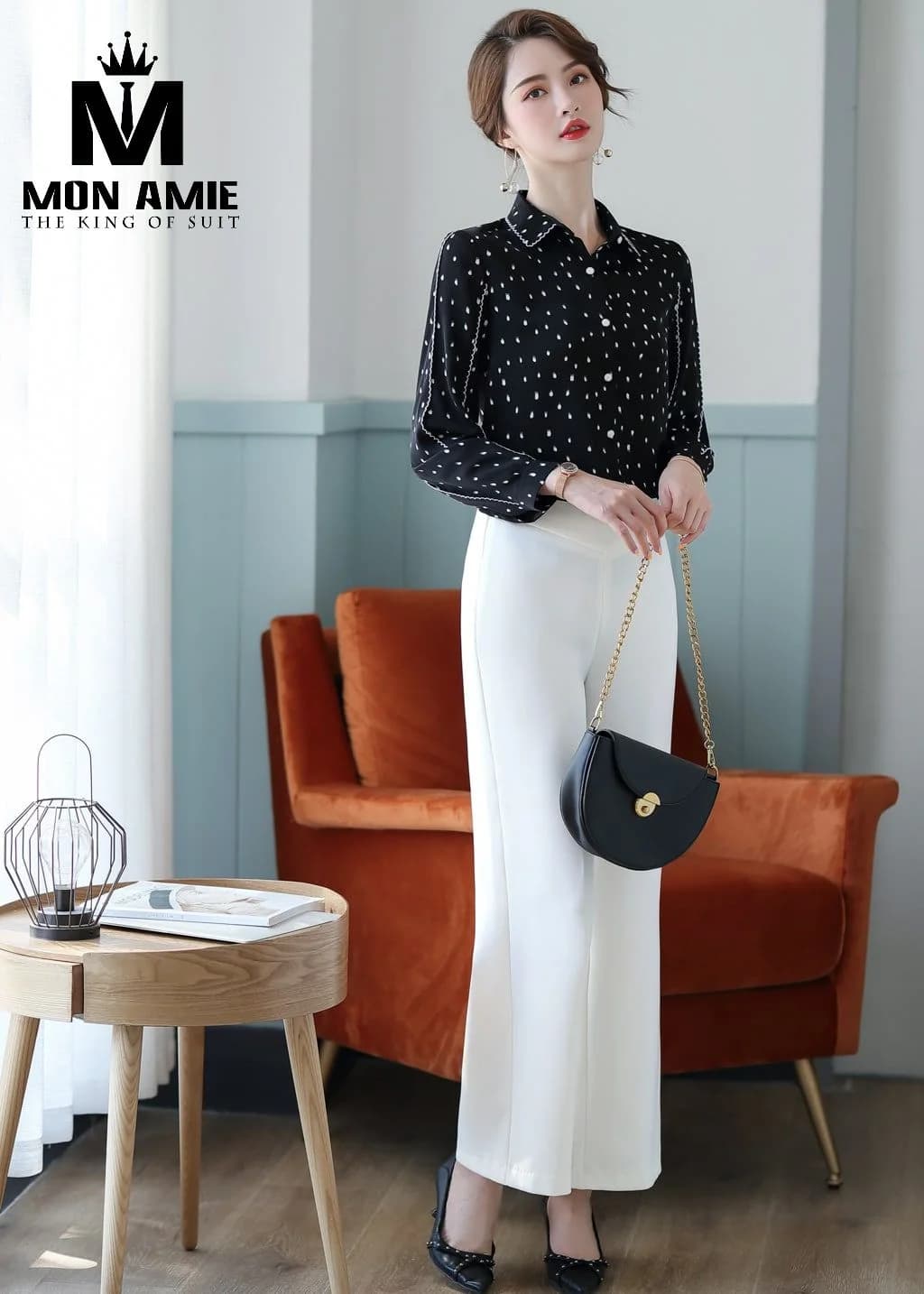 Sơ Mi Nữ Đen Chấm Giọt Trắng Cổ Đức Viền Trắng