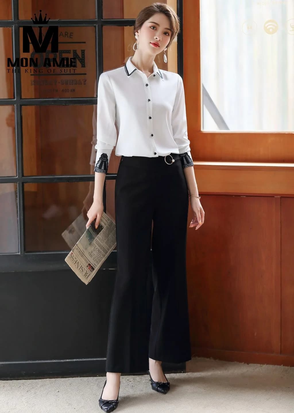 Sơ Mi Nữ Trắng Cổ Viền Đen Tay Ren Đen