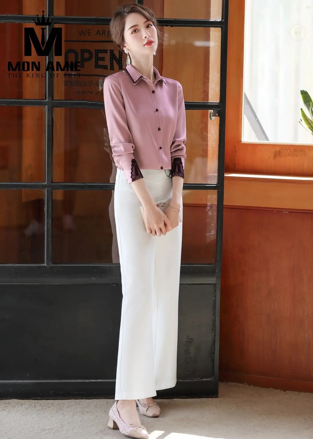 Sơ Mi Nữ Hồng Tro Cổ Viền Đen Tay Ren Đen