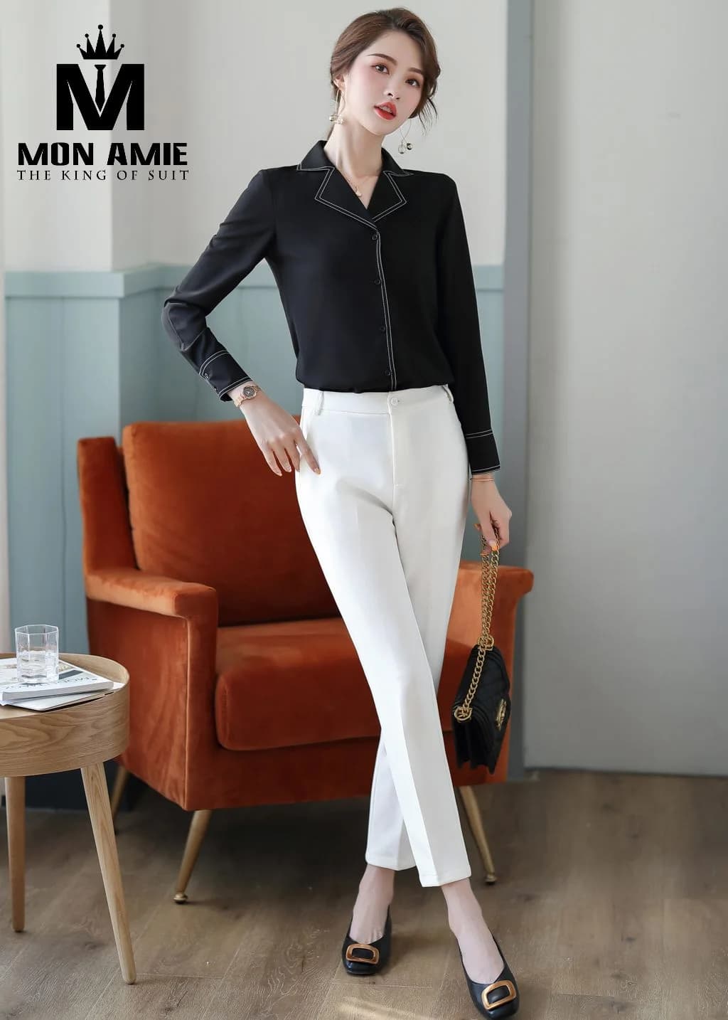 Sơ Mi Nữ Đen Cổ Vest Viền Trắng Tương Phản