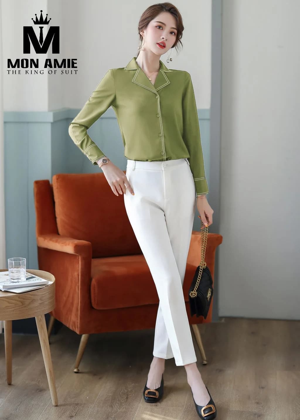Sơ Mi Nữ Xanh Rêu Cổ Vest Viền Kem Tay Dài